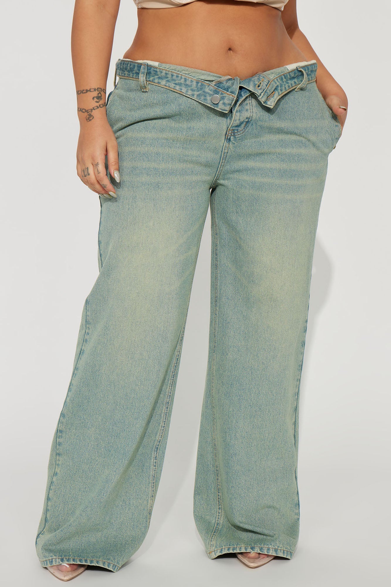 Frankie Foldover Tinted Wide Leg Jeans - Medium Wash