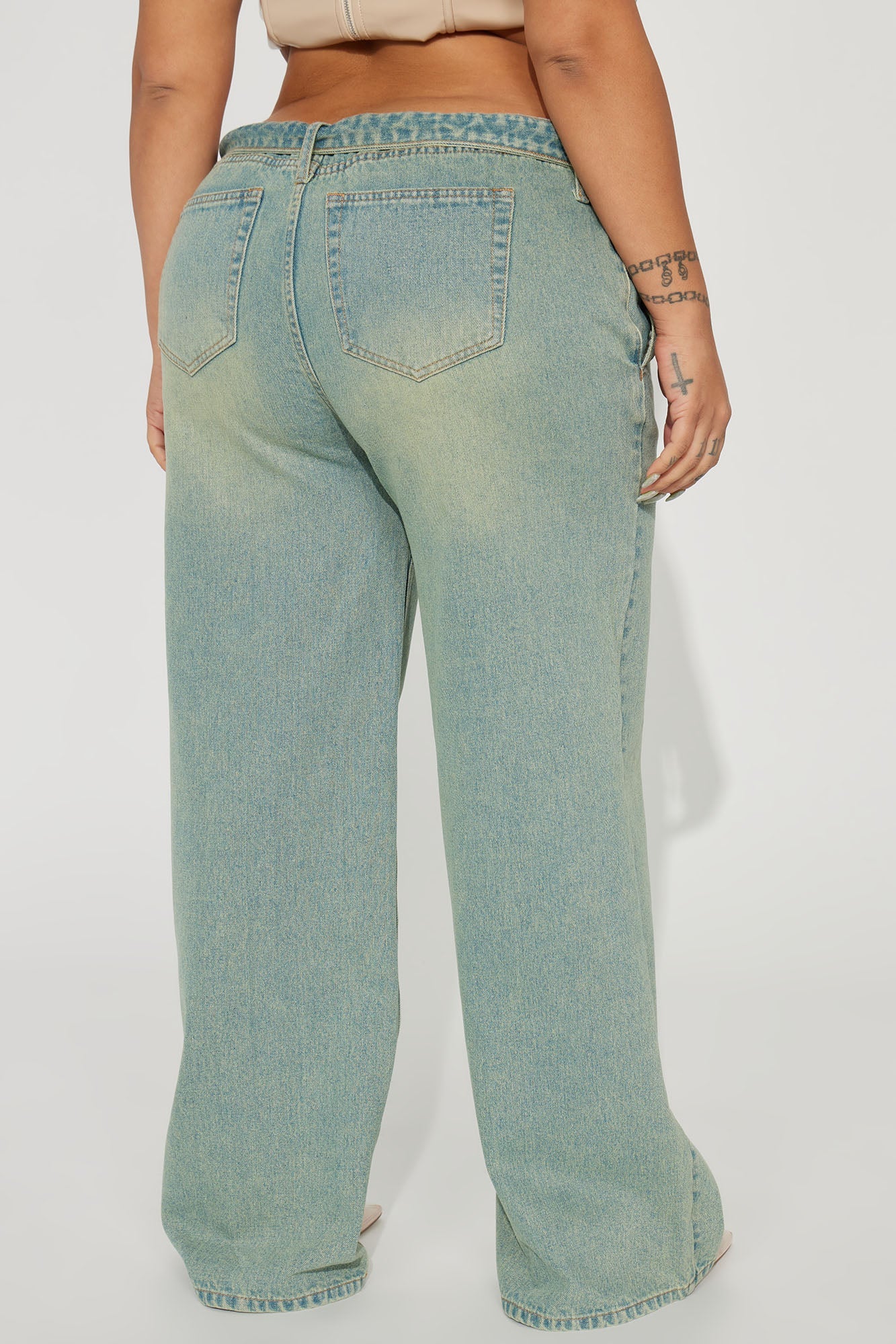 Frankie Foldover Tinted Wide Leg Jeans - Medium Wash