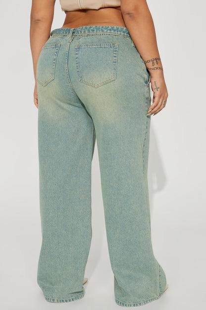 Frankie Foldover Tinted Wide Leg Jeans - Medium Wash