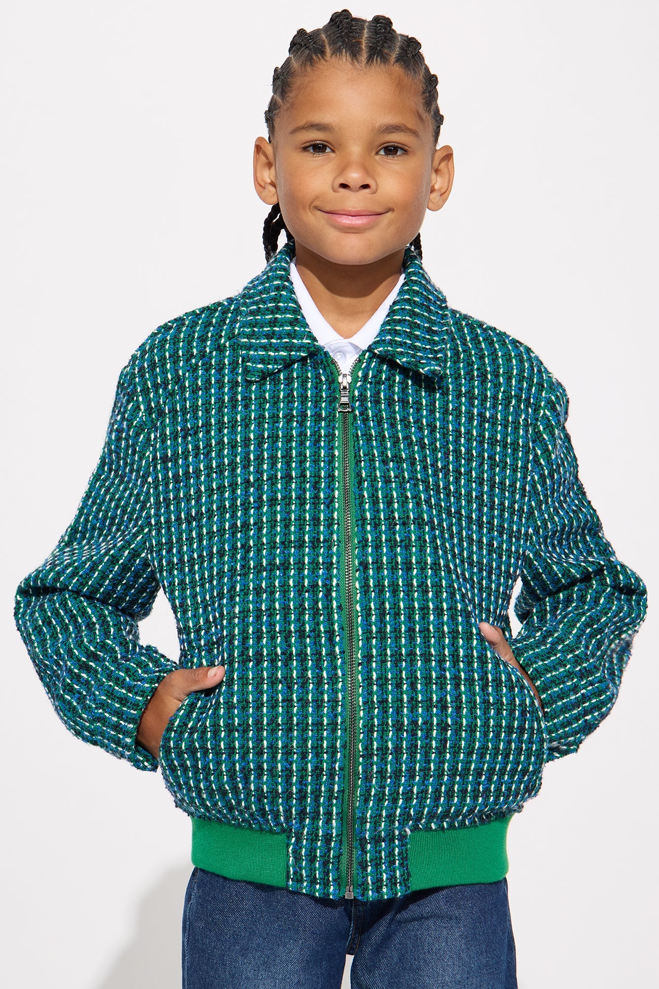 Mini Relaxed Textured Tweed Zip Work Jacket - Green