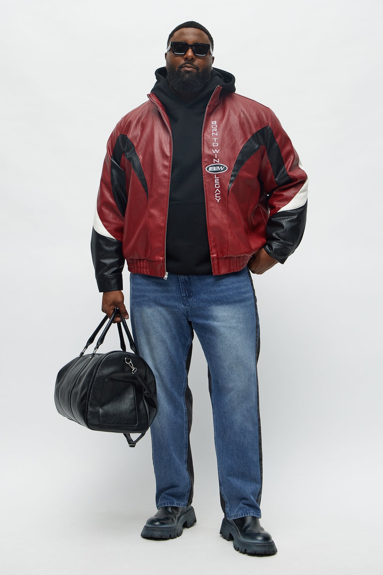 Colorblock Racer Faux Leather Bomber Jacket - Burgundy