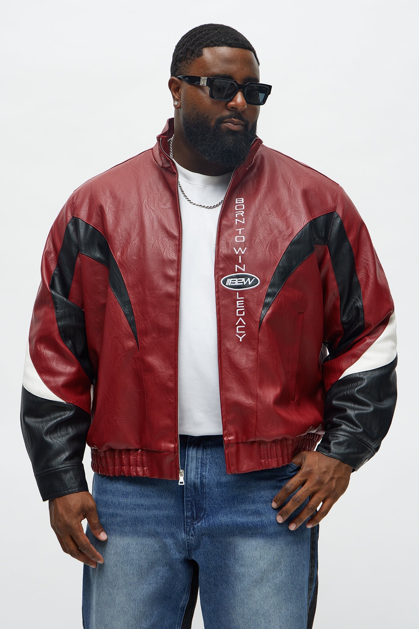 Colorblock Racer Faux Leather Bomber Jacket - Burgundy