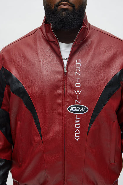 Colorblock Racer Faux Leather Bomber Jacket - Burgundy
