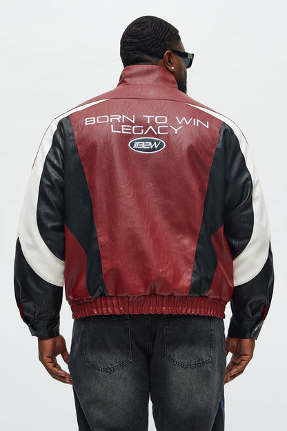 Colorblock Racer Faux Leather Bomber Jacket - Burgundy