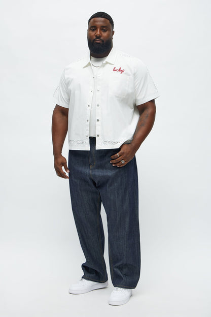 Relaxed Embellished Lucky Button Up Shirt - White