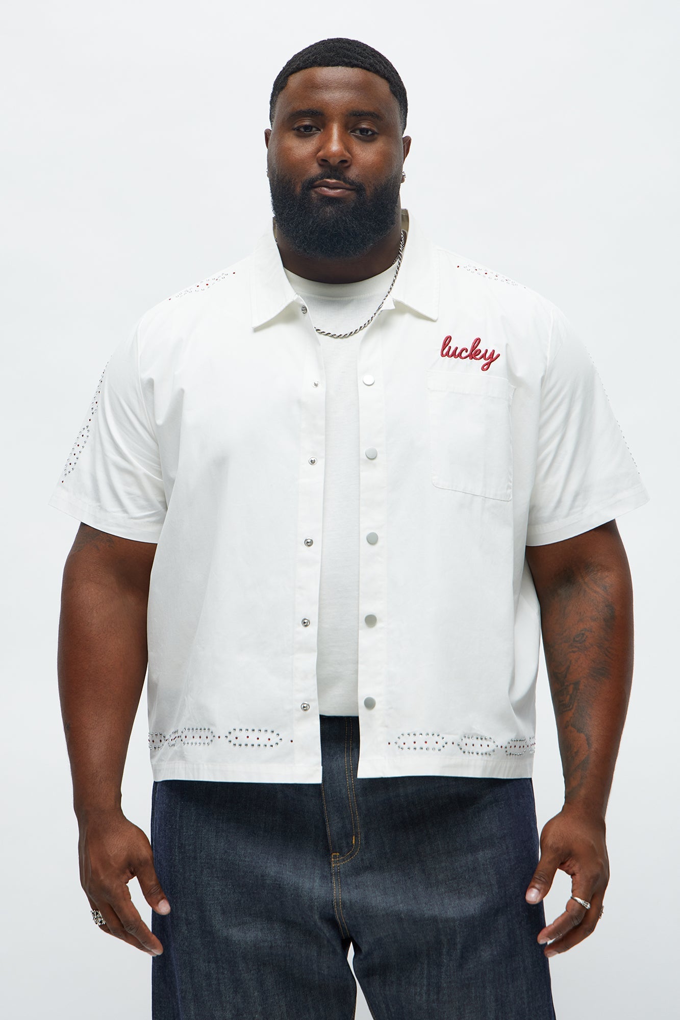 Relaxed Embellished Lucky Button Up Shirt - White