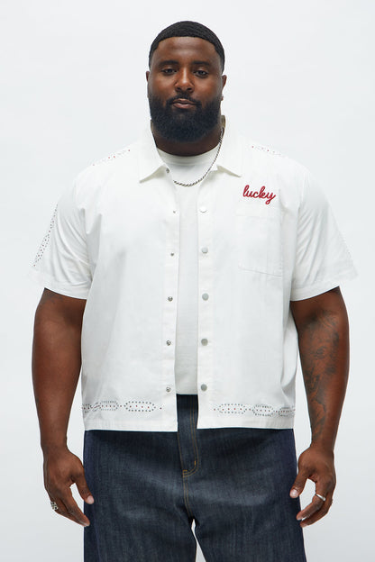 Relaxed Embellished Lucky Button Up Shirt - White
