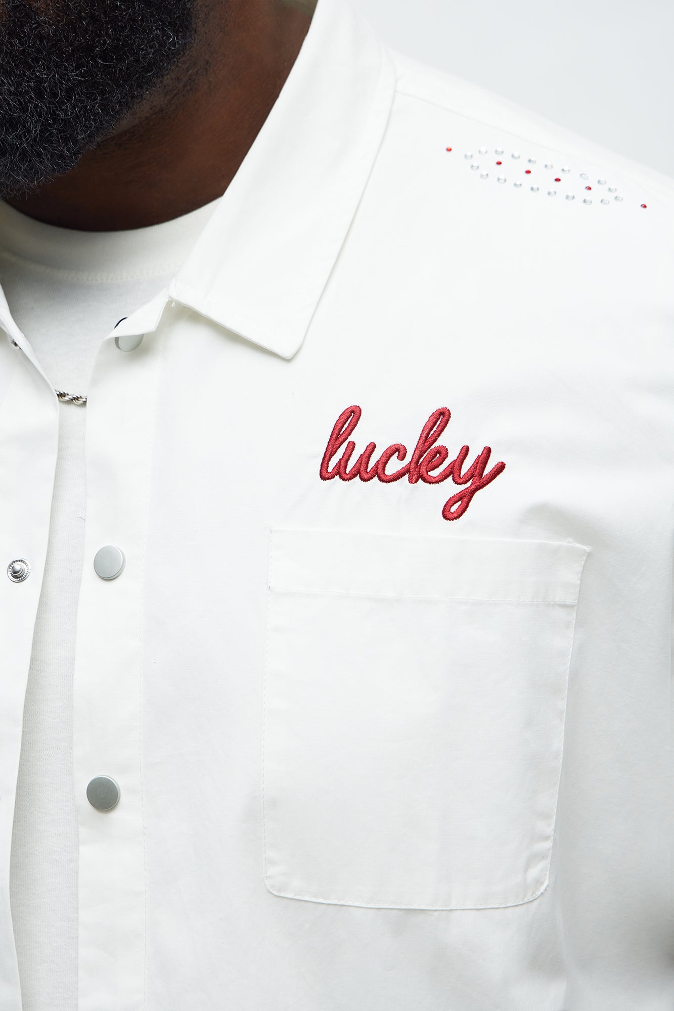 Relaxed Embellished Lucky Button Up Shirt - White