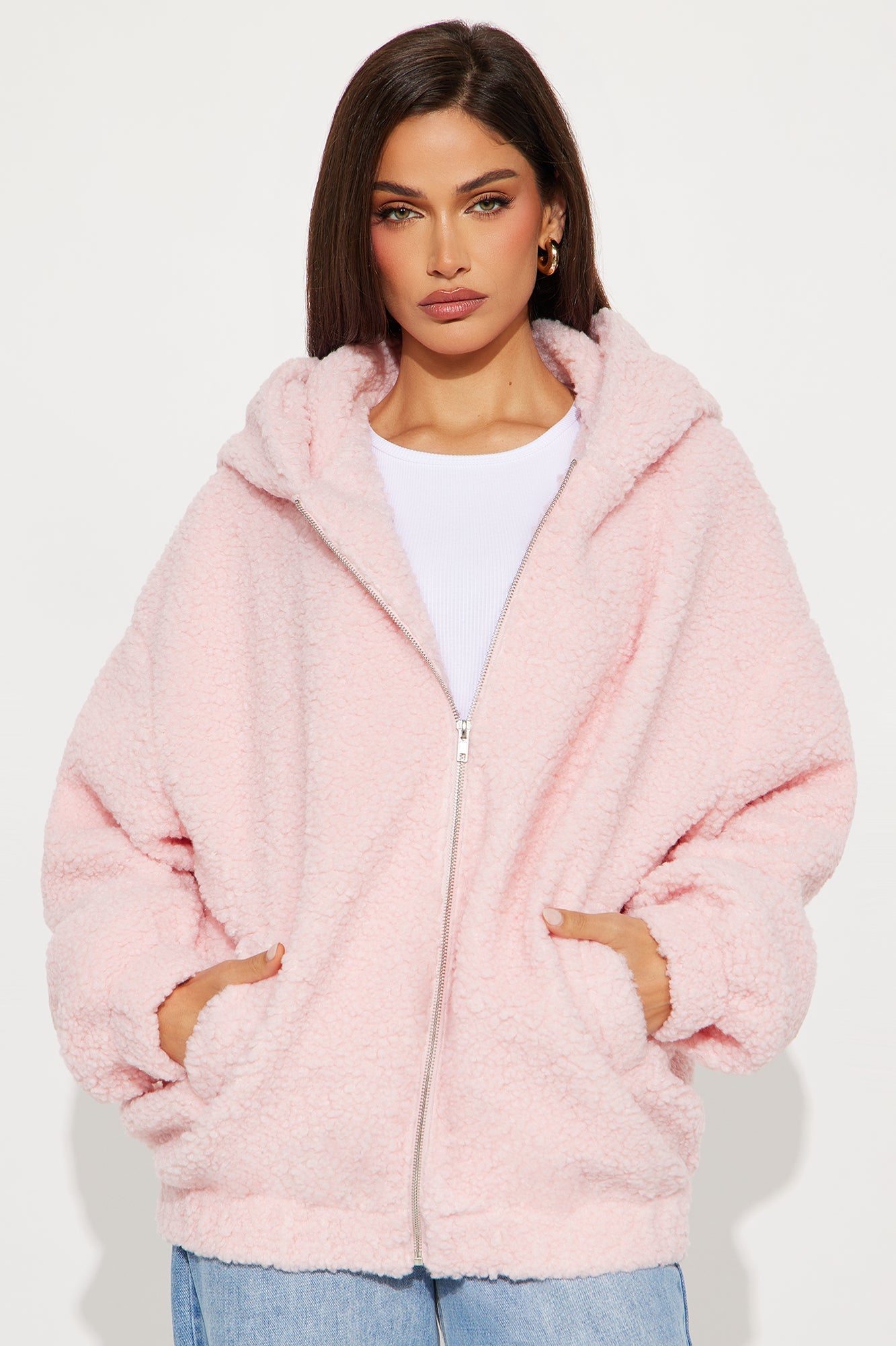 Snuggle Up Hooded Sherpa Coat - Light Pink