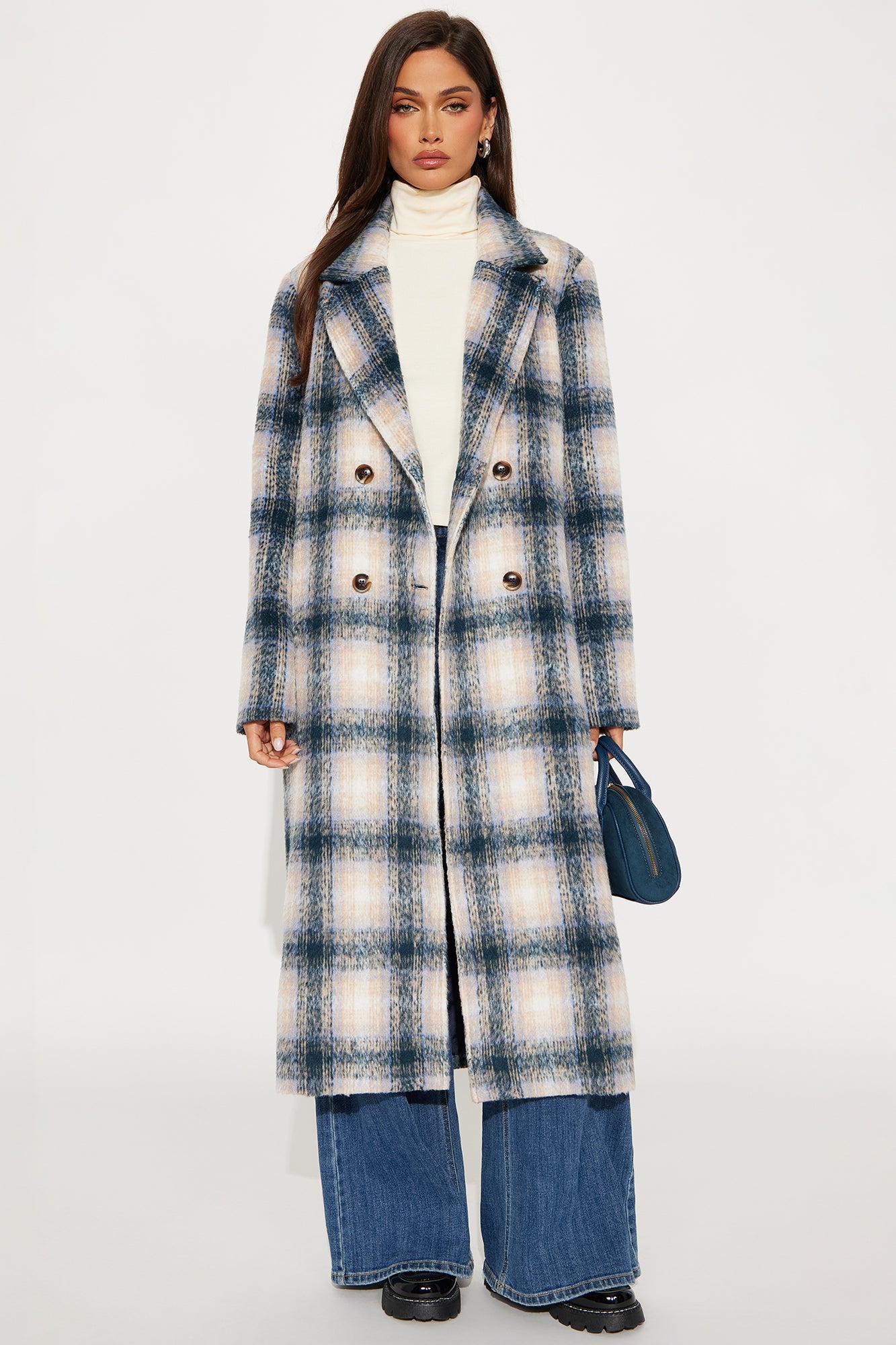 Downtown Cozy Plaid Double Breasted Coat - Blue/combo