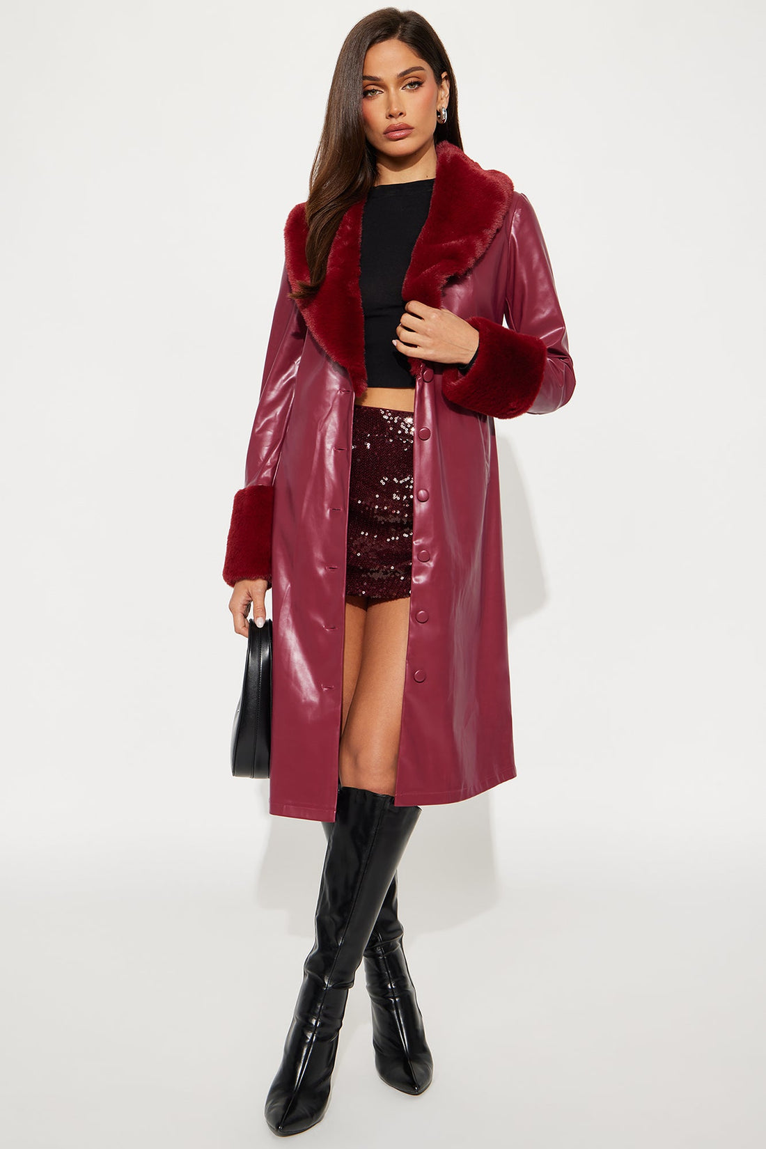 Milana Fur Trim Faux Leather Coat - Raspberry