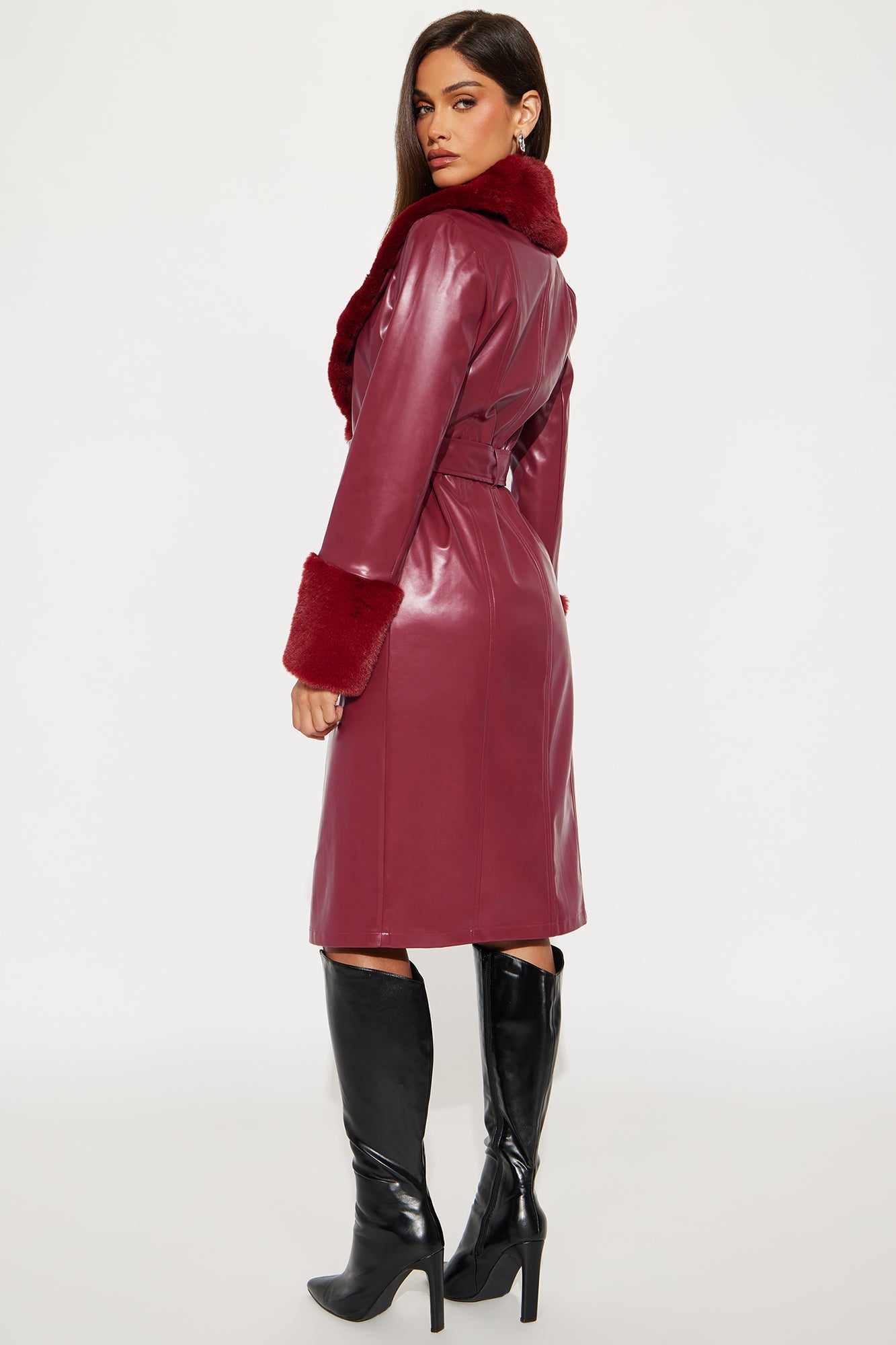 Milana Fur Trim Faux Leather Coat - Raspberry
