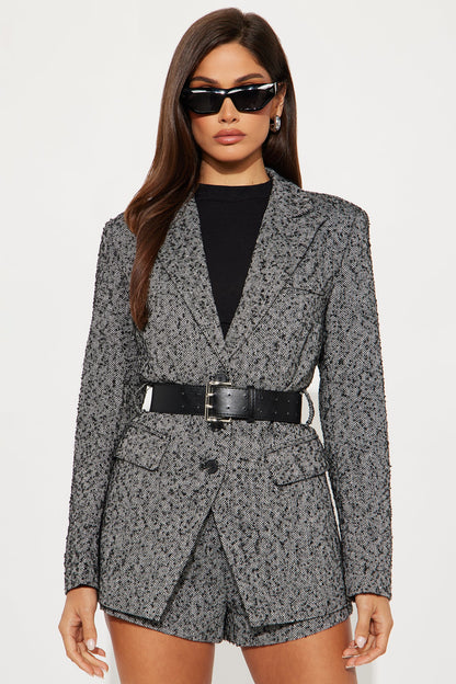 No Drama 3 Piece Belted Blazer Short Set - Black/White