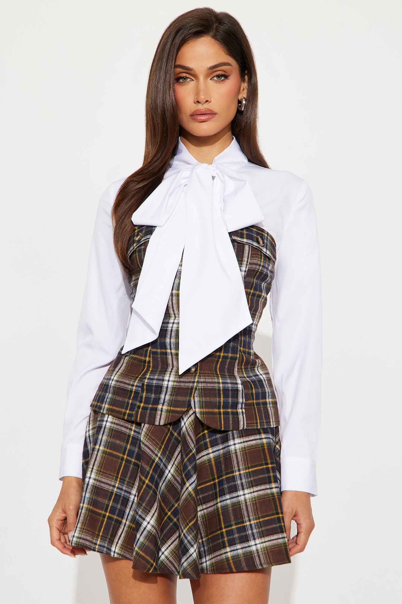 Class Act Plaid Mini Skirt Set - Brown