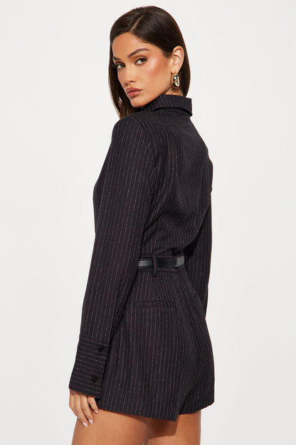 Business Moves Pinstripe Romper - Black/combo