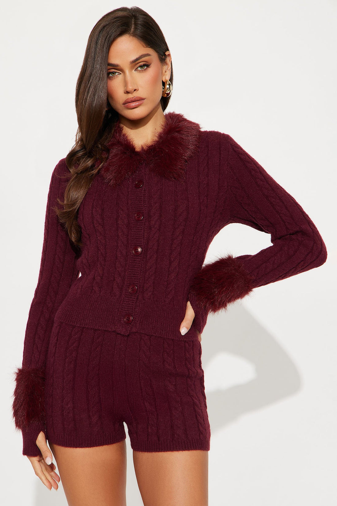 Ravyn Faux Fur Sweater Short Set - Burgundy
