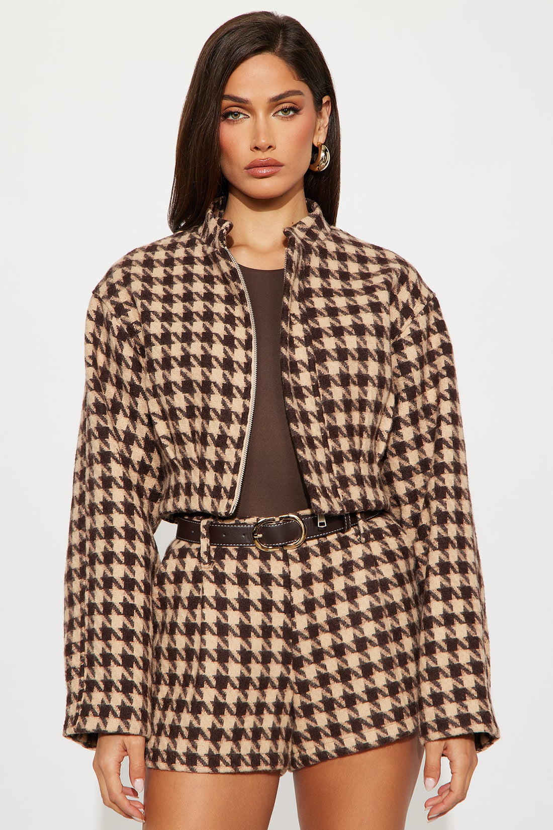 Gianna Belted Houndstooth Jacket Short Set - Brown/combo