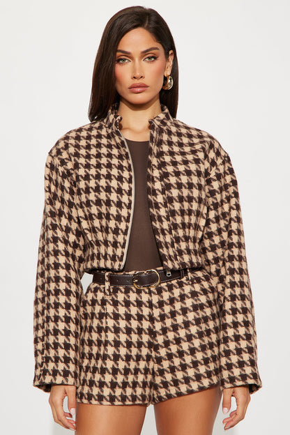 Gianna Belted Houndstooth Jacket Short Set - Brown/combo