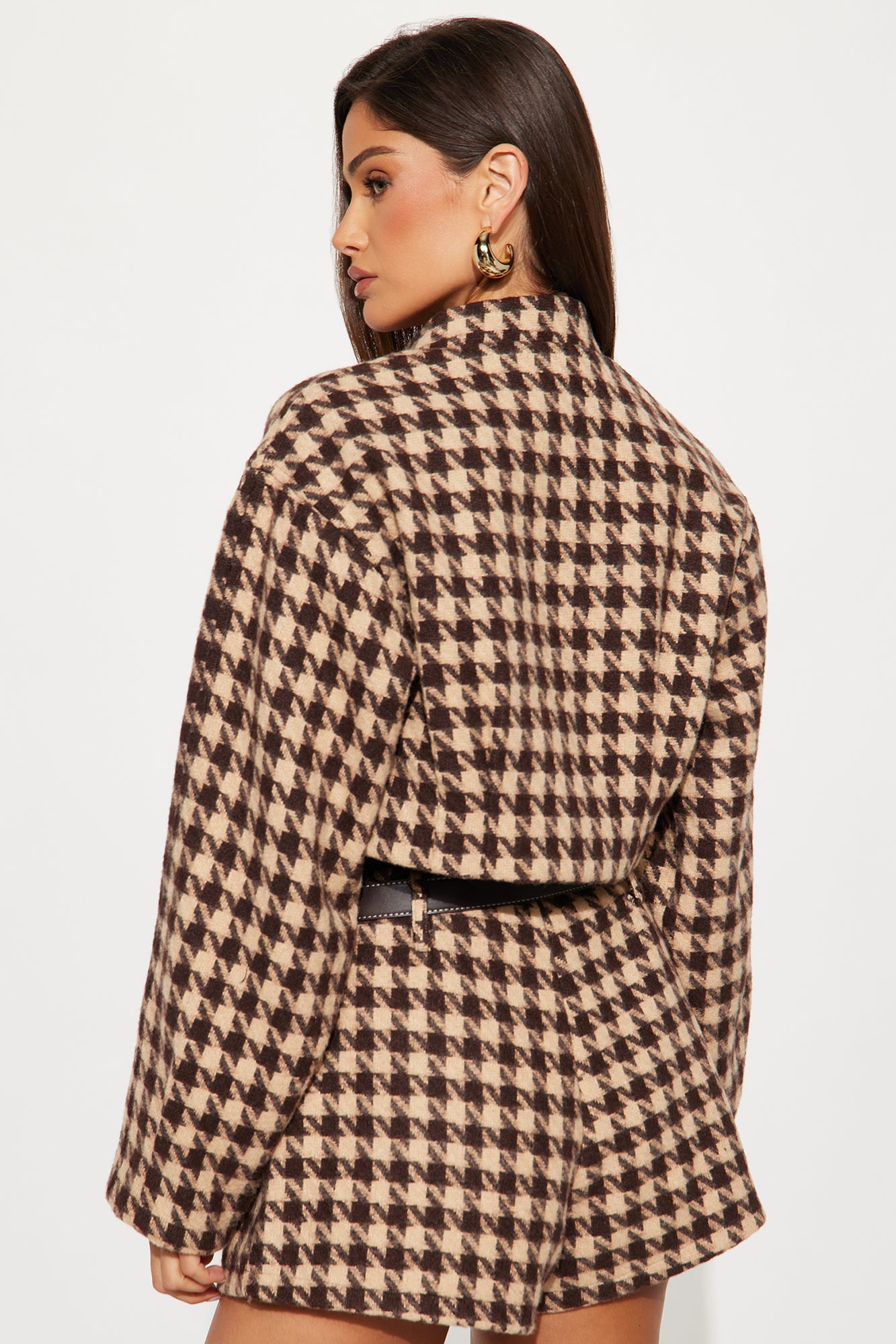 Gianna Belted Houndstooth Jacket Short Set - Brown/combo