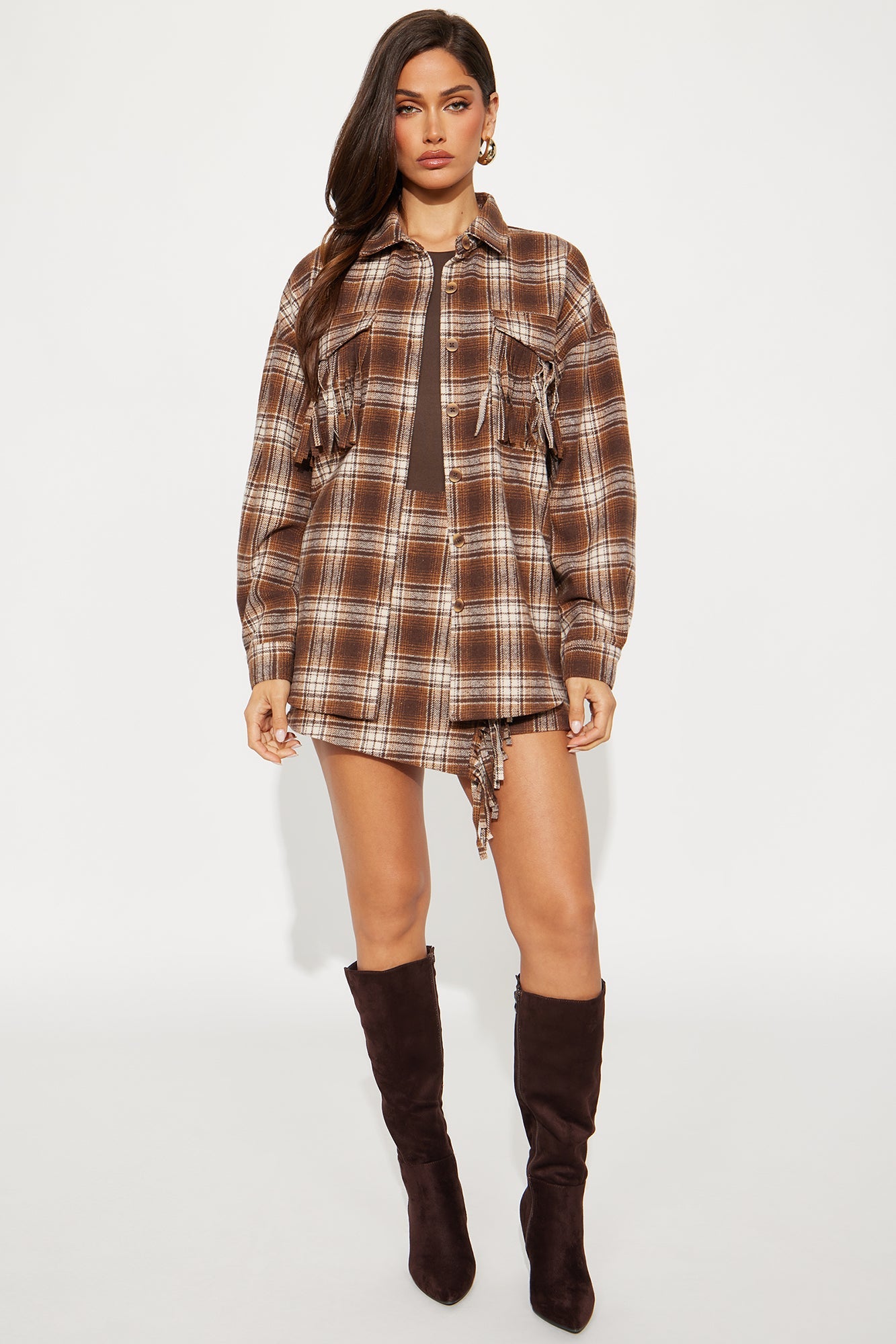 Checked Out Plaid Flannel Fringe Skort Set - Brown/combo