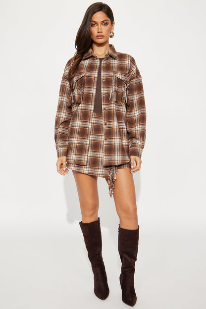 Checked Out Plaid Flannel Fringe Skort Set - Brown/combo
