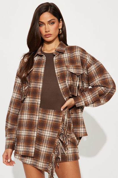 Checked Out Plaid Flannel Fringe Skort Set - Brown/combo