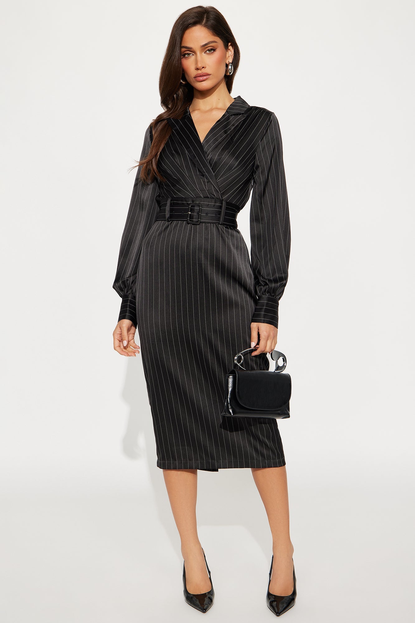 Call The Shots Belted Satin Midi Dress - Black