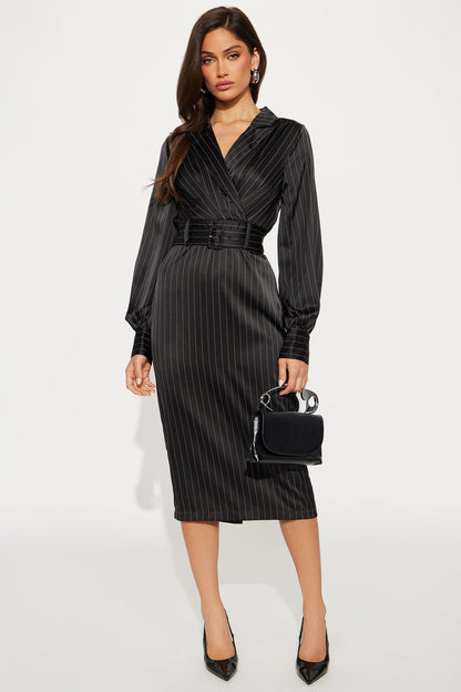 Call The Shots Belted Satin Midi Dress - Black