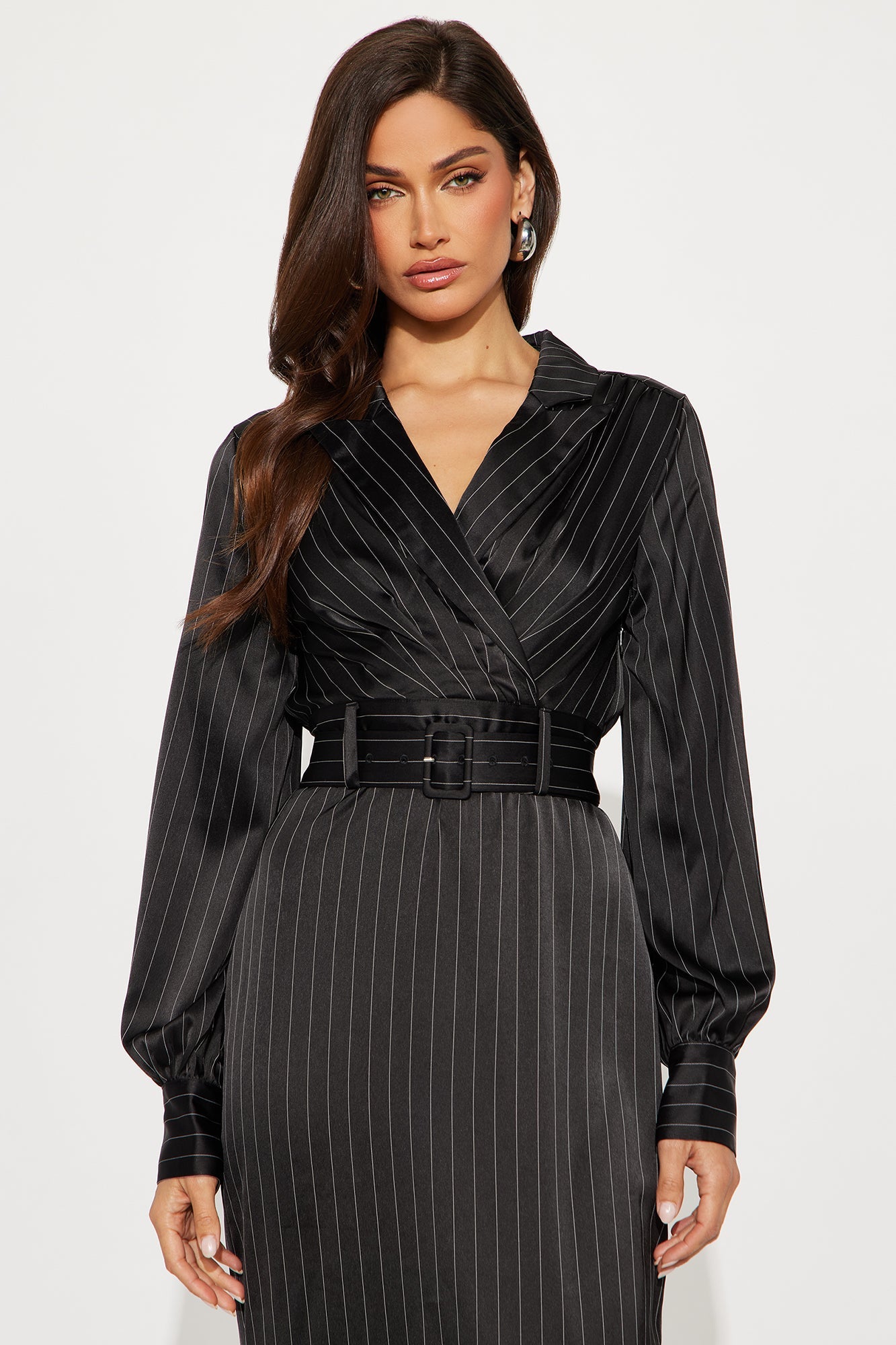 Call The Shots Belted Satin Midi Dress - Black