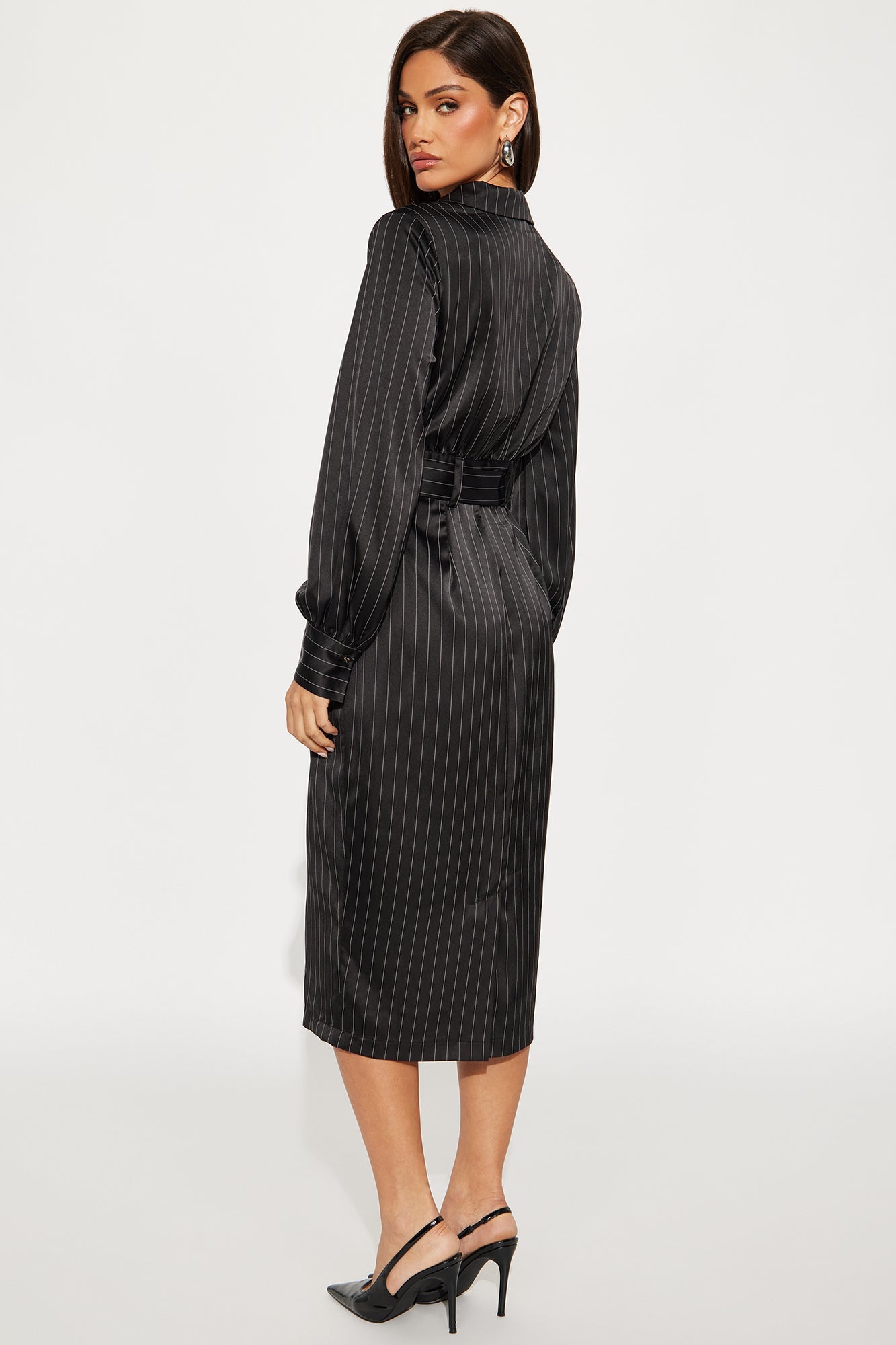 Call The Shots Belted Satin Midi Dress - Black