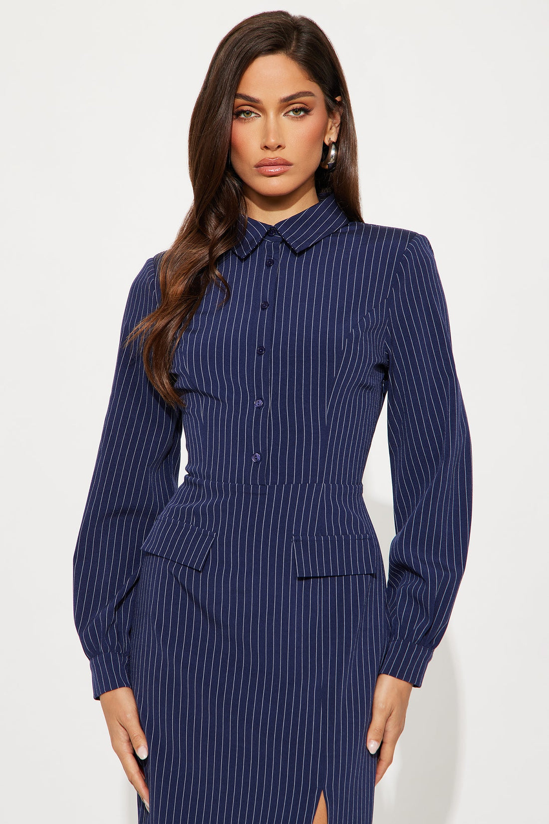 Taya Collar Pinstripe Shirt Midi Dress - Navy/combo