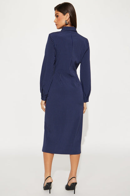 Taya Collar Pinstripe Shirt Midi Dress - Navy/combo