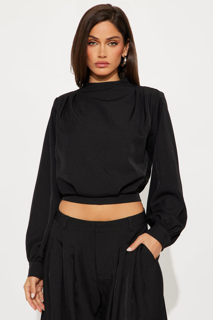 Inez Long Sleeve Pleated Balloon Pant Set - Black