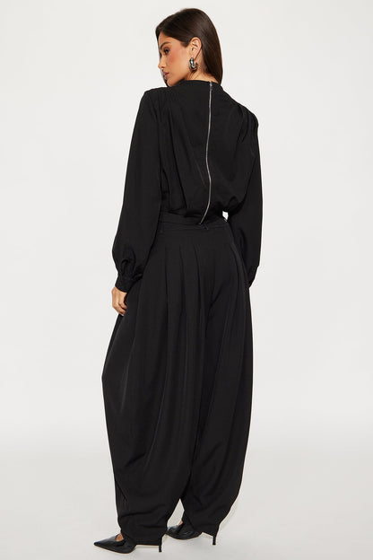 Inez Long Sleeve Pleated Balloon Pant Set - Black