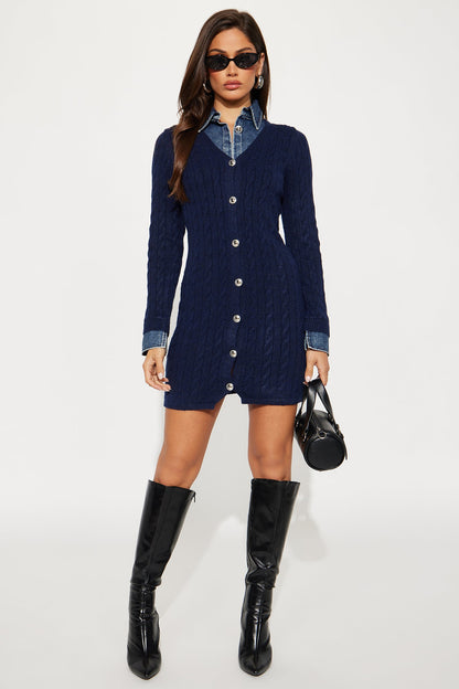 Suri Collar Cable Knit Sweater Mini Dress - Navy/combo