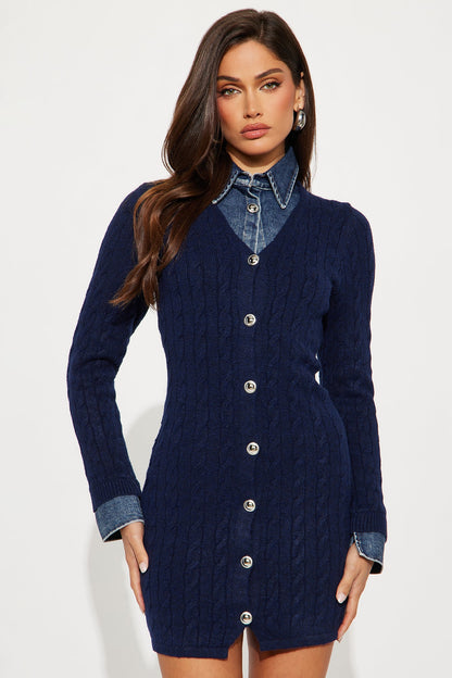 Suri Collar Cable Knit Sweater Mini Dress - Navy/combo
