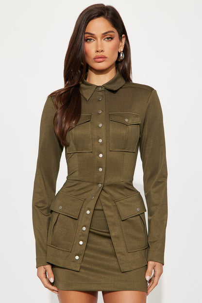 Do As I Say Pocket Detail Mini Skirt Set - Olive