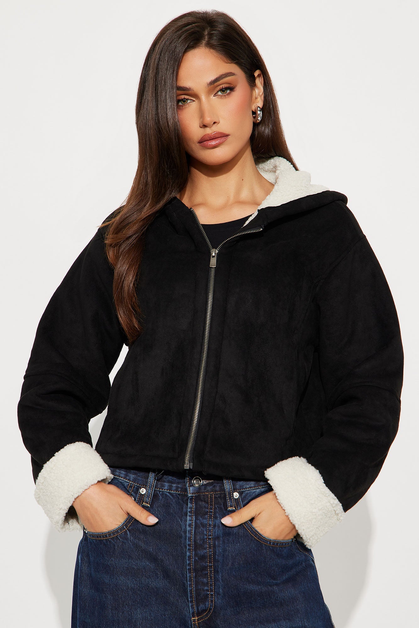 Eskimo Kiss Faux Suede Hooded Coat - Black
