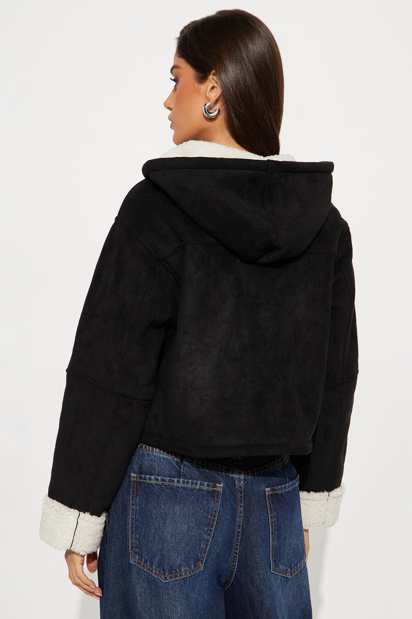 Eskimo Kiss Faux Suede Hooded Coat - Black