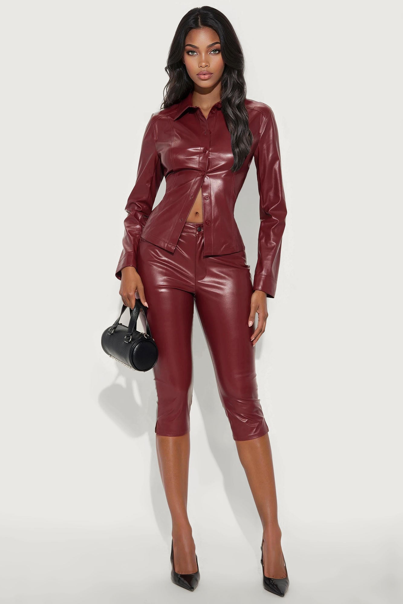 Yara Faux Leather Capri Pant Set - Burgundy