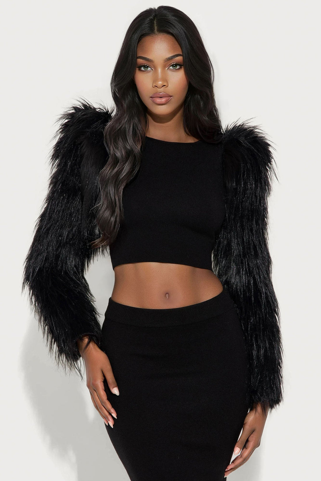 Rosetta Sweater Faux Fur Midi Skirt Set - Black