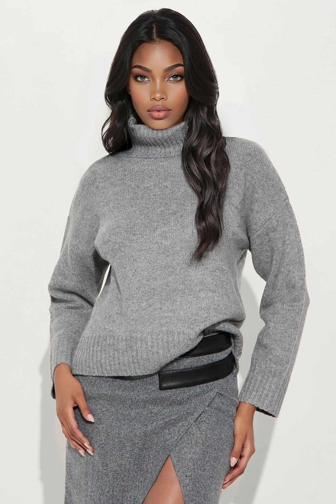 So Chic Sweater Turtle Neck Maxi Skirt Set - Grey