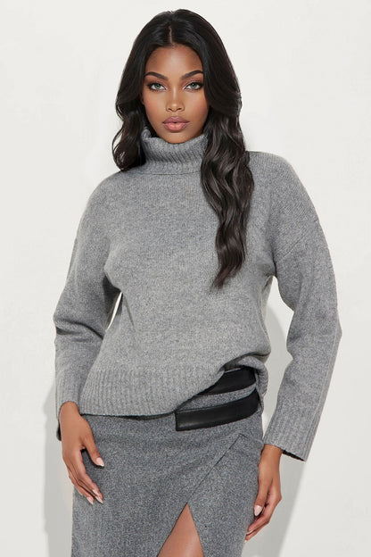 So Chic Sweater Turtle Neck Maxi Skirt Set - Grey
