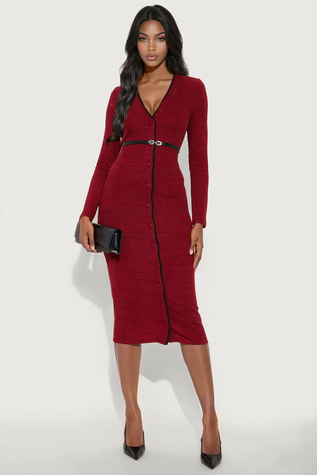 Genesis Belted Sweater Midi Dress - Burgundy/combo