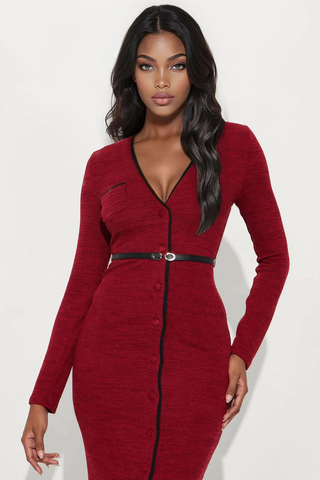 Genesis Belted Sweater Midi Dress - Burgundy/combo