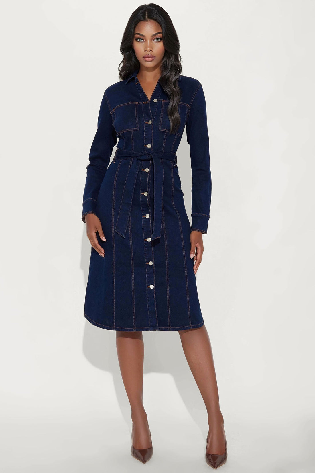Easy Like Sunday Button Up Denim Midi Dress - Dark Denim
