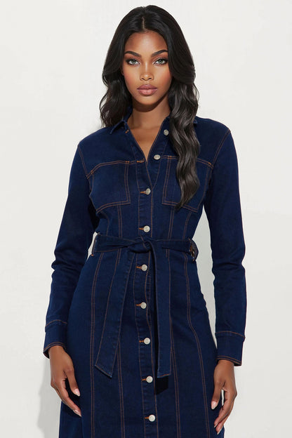 Easy Like Sunday Button Up Denim Midi Dress - Dark Denim