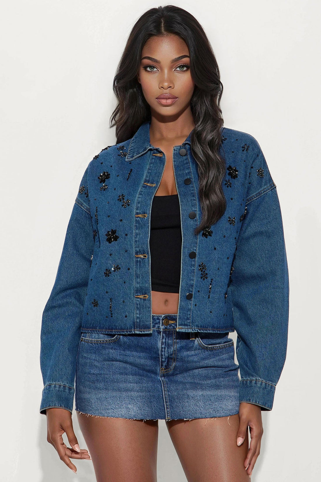 Lap Of Luxury Embellished Denim Shacket - Dark Wash
