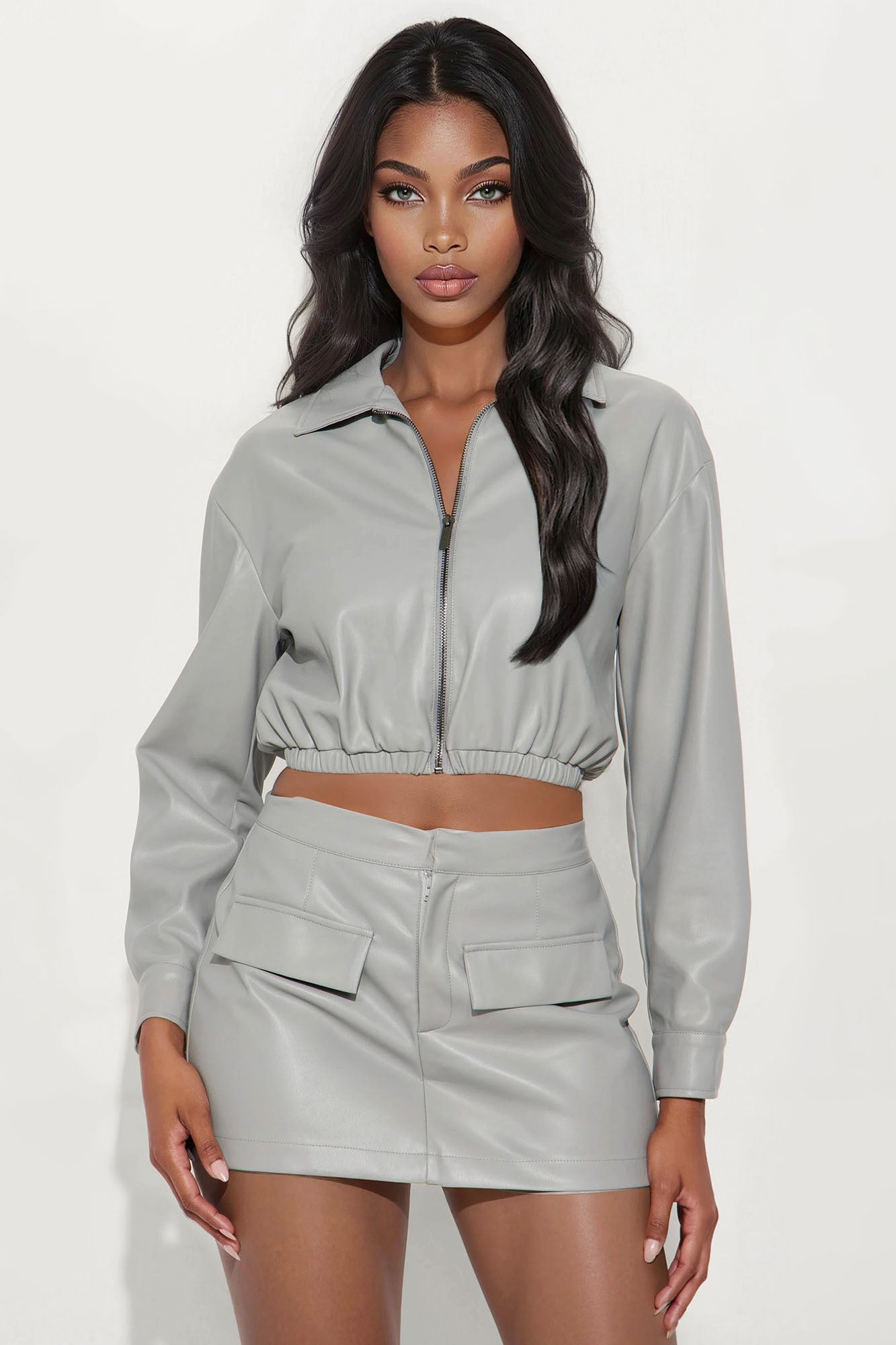 Next Level Fashion Faux Leather Mini Skirt Set - Grey