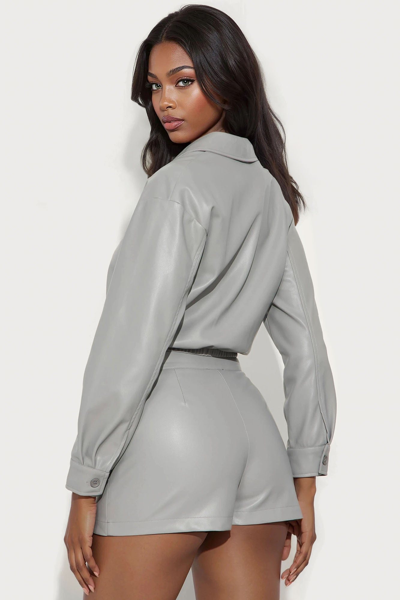 Next Level Fashion Faux Leather Mini Skirt Set - Grey